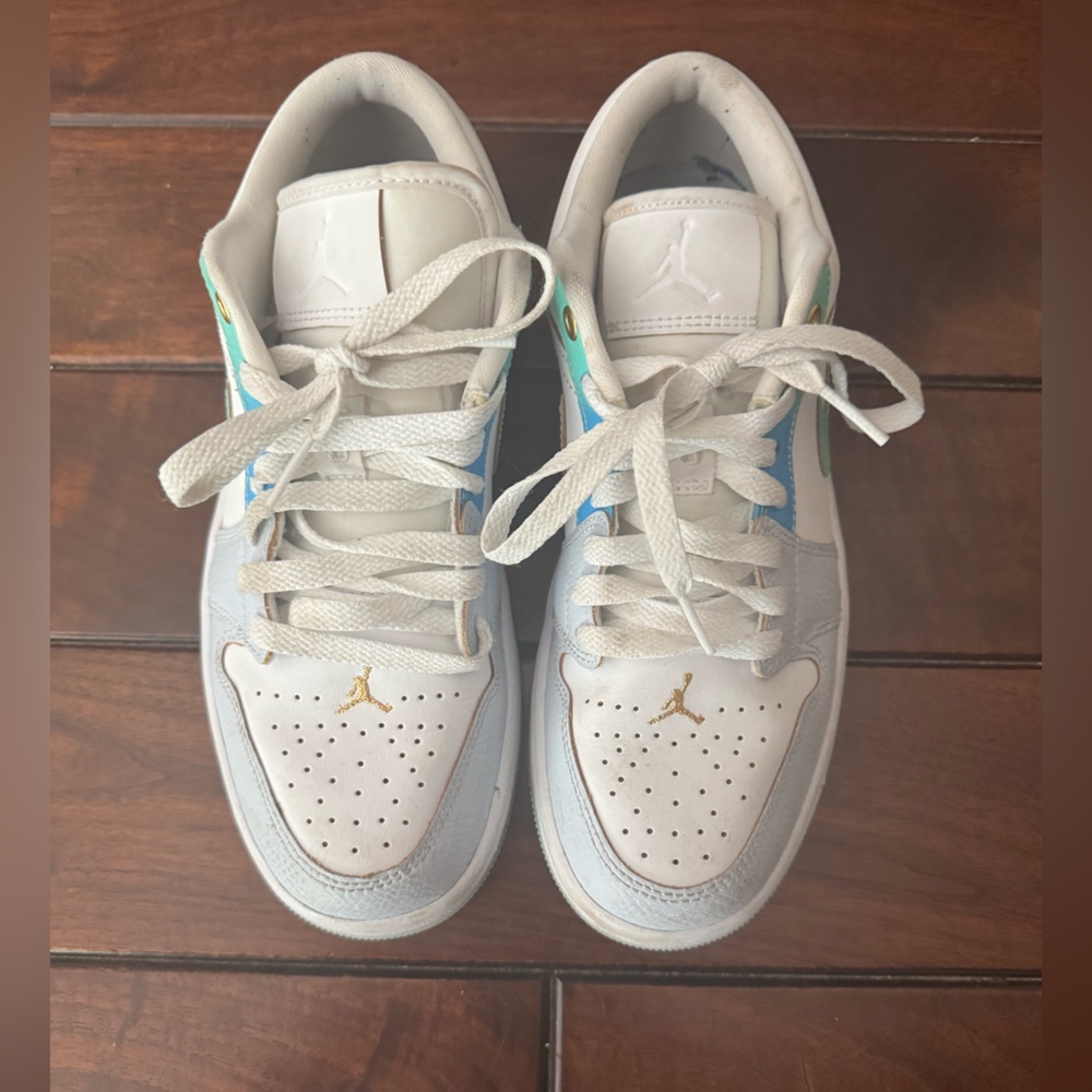 Jordan Kids White and Gold green and Sneakers with Blue Accents